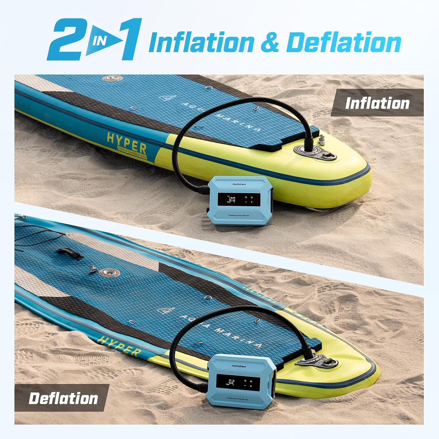 Hydrohero Rechargeable Paddle Board Pump, Max 20PSI SUP Pump Electric Portable, Intelligent Dual Stage Inflation & Deflation, LED Display, Auto-Off for Paddleboards, Kayaks, Inflatable Boats, Tents