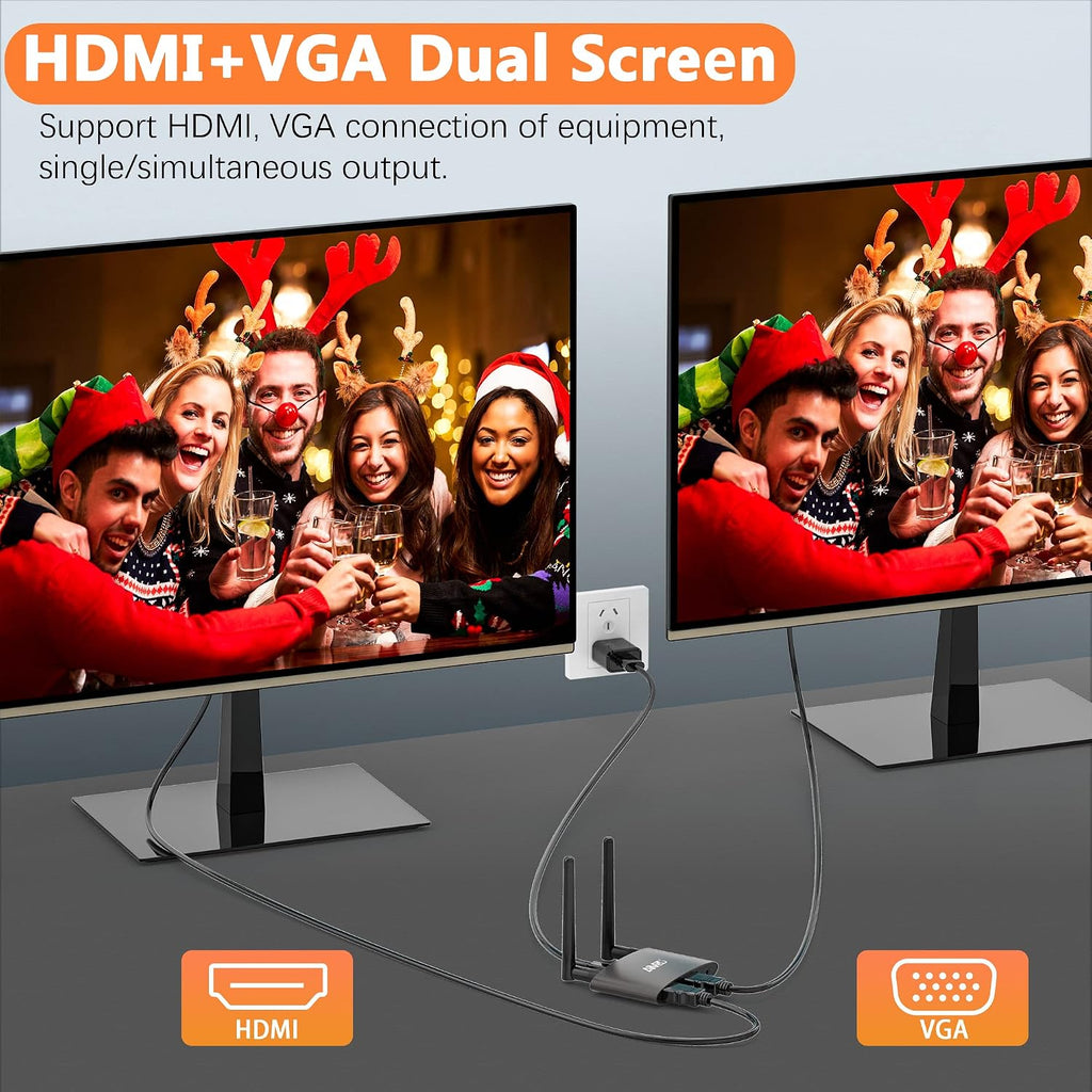 TIMBOOTECH Wireless HDMI Transmitter and Receiver 4K, USB C to Wireless HDMI, Plug & Play, VGA & HD Dual Screens, Casting 5.8G Video for Laptop, Cable Box, Phone to Monitor/Projector/HDTV, 165FT