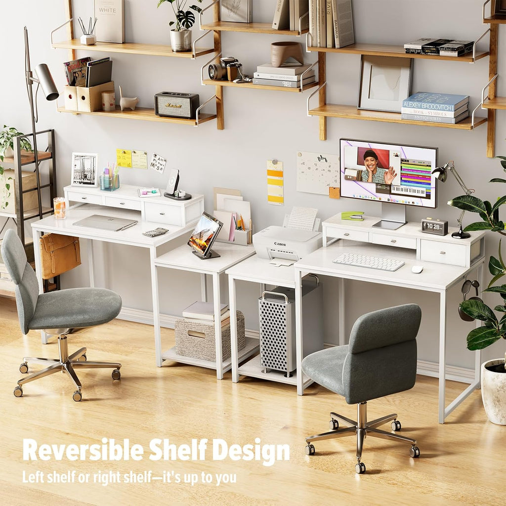 SINPAID 47 inch Computer Desk with Printer Shelf, Gaming Desk with Monitor Stand and Drawers, Reversible Home Office Desk with Storage Shelves and 2 Hooks, Home Workstation for Study Writing, White