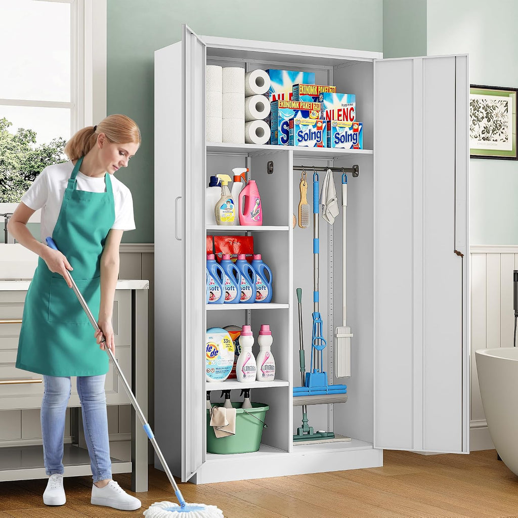 Wide & Deep Metal Storage Cabinet with Hanging Rod,White Broom Closet Storage Cabinet with Lock,72' Tall Wardrobe Cabinets with Doors and Shelves,Locking Steel Tool Cabinets for Home,Office,Garage