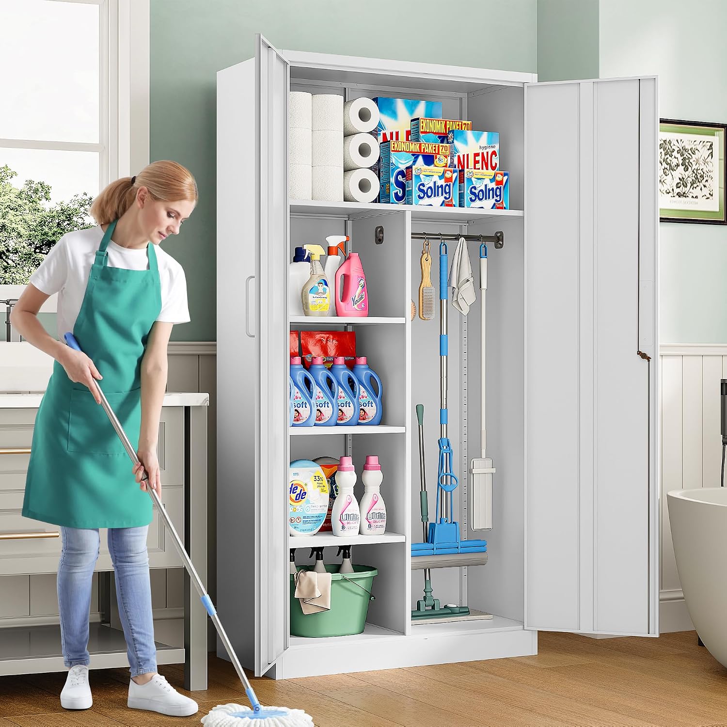 Wide & Deep Metal Storage Cabinet with Hanging Rod,White Broom Closet Storage Cabinet with Lock,72' Tall Wardrobe Cabinets with Doors and Shelves,Locking Steel Tool Cabinets for Home,Office,Garage