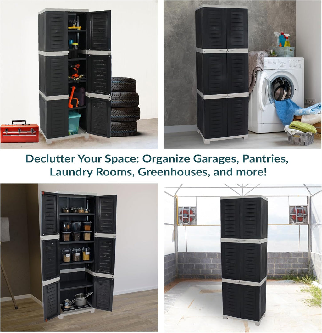 Sunnydaze 72' H Resin Garage Storage Cabinet - Garage Cabinet with Lockable Doors and Adjustable Shelves - Freestanding Utility Storage for Laundry Room, Office, Basement - Charcoal/Gray Trim