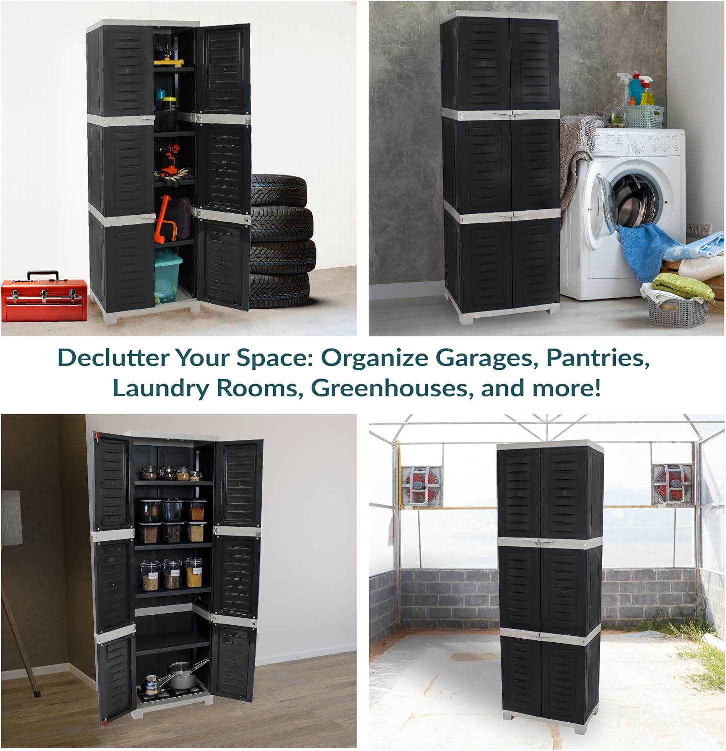 Sunnydaze 72' H Resin Garage Storage Cabinet - Garage Cabinet with Lockable Doors and Adjustable Shelves - Freestanding Utility Storage for Laundry Room, Office, Basement - Charcoal/Gray Trim