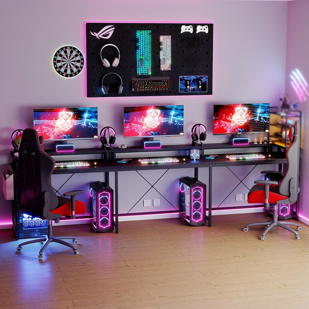 79 Inch u Shaped Desk with Power Outlets, LED Strip & Monitor Stand, Large Corner Computer Desk with Monitor Stand & with Storage Shelves for Home Office