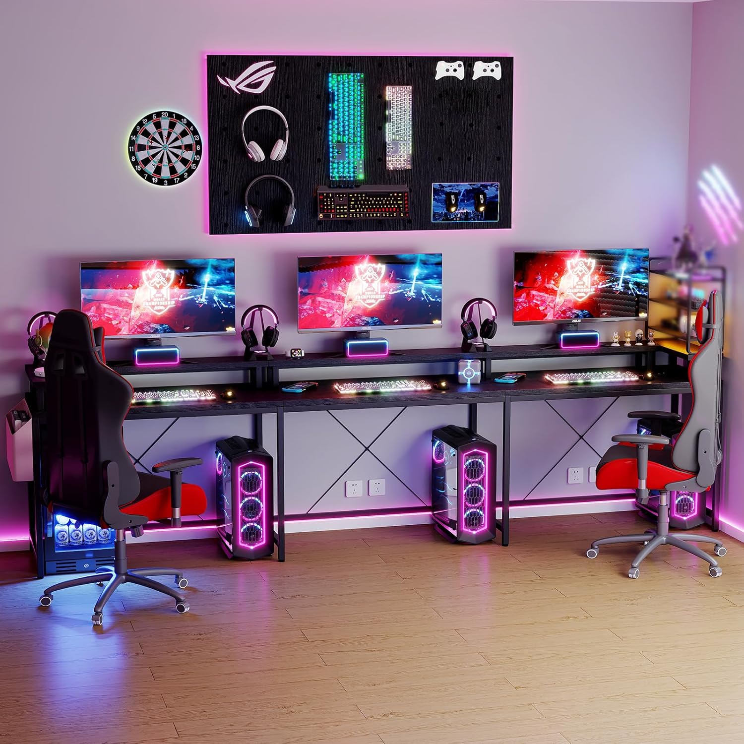 79 Inch u Shaped Desk with Power Outlets, LED Strip & Monitor Stand, Large Corner Computer Desk with Monitor Stand & with Storage Shelves for Home Office