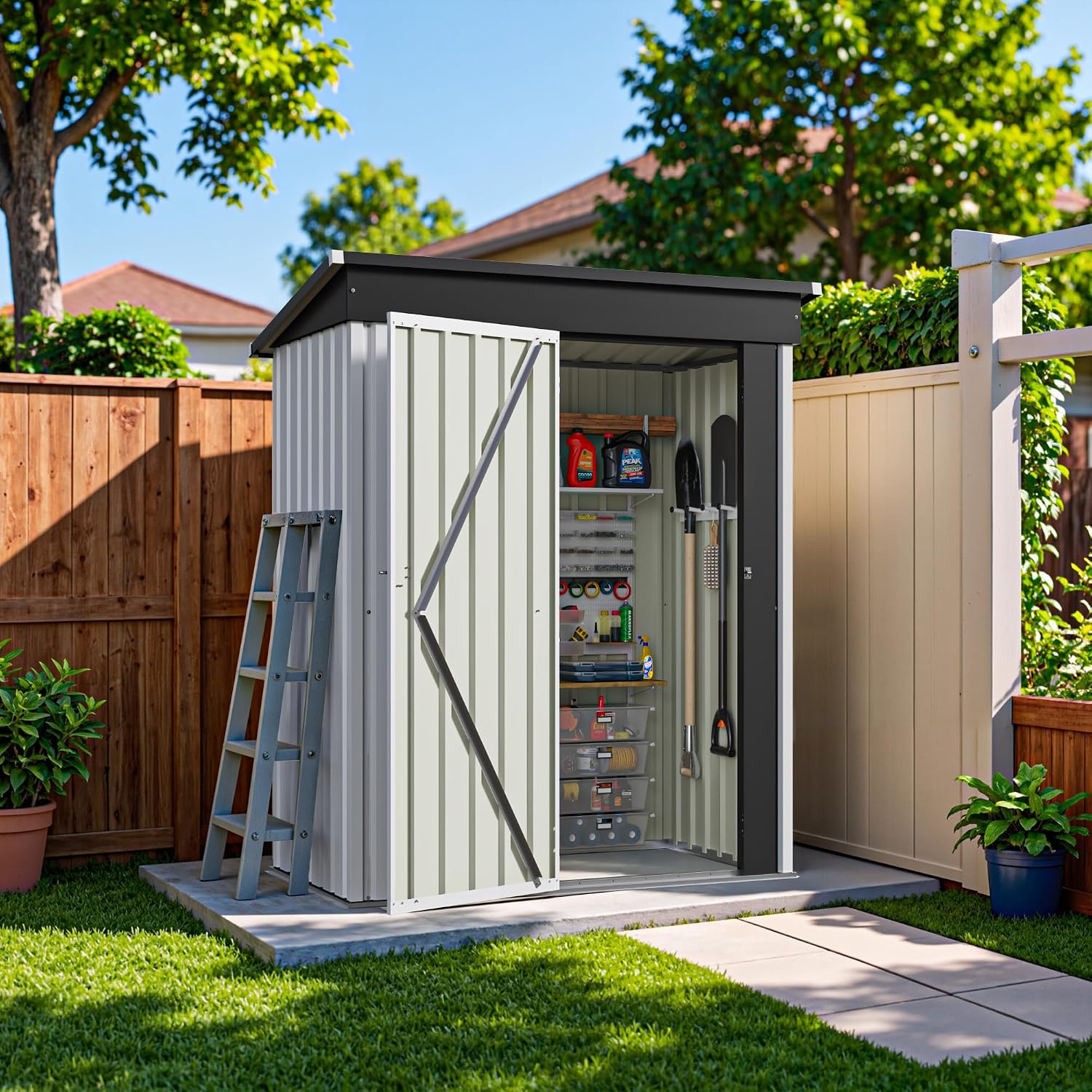 Greesum 5×3 FT Outdoor Storage Shed, Metal Storaged Sheds Without Floor, Tool Sheds with Lockable Doors and Sloping Roof for Garden, Patio, Backyard, White