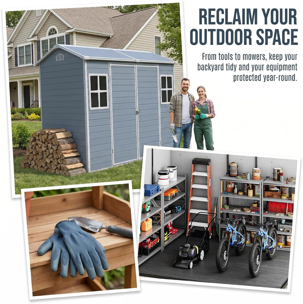Resin Shed with Floor, Storage Shed with Floor, 8x4FT Outdoor Shed with 2 Windows and Lockable Door Sheds for Garden Tools, Bike