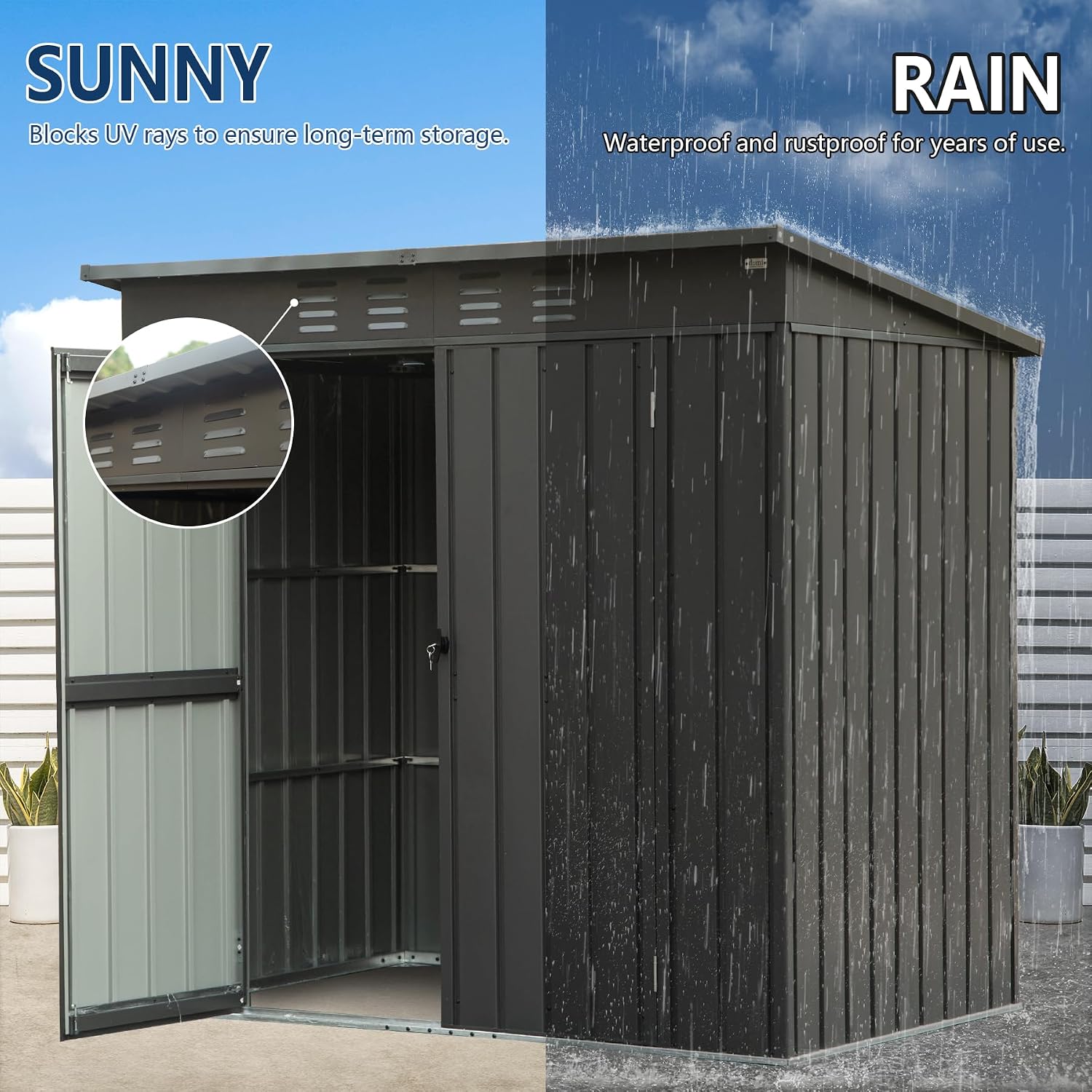 Domi 6 x 4 FT Outdoor Storage Shed, Metal Garden Shed for Bike, Trash Can, Tool, Lawn Mowers, Pool Toys, Lockable Outdoor Storage Cabinet Galvanized Steel for Backyard, Patio, Lawn Dark Gray