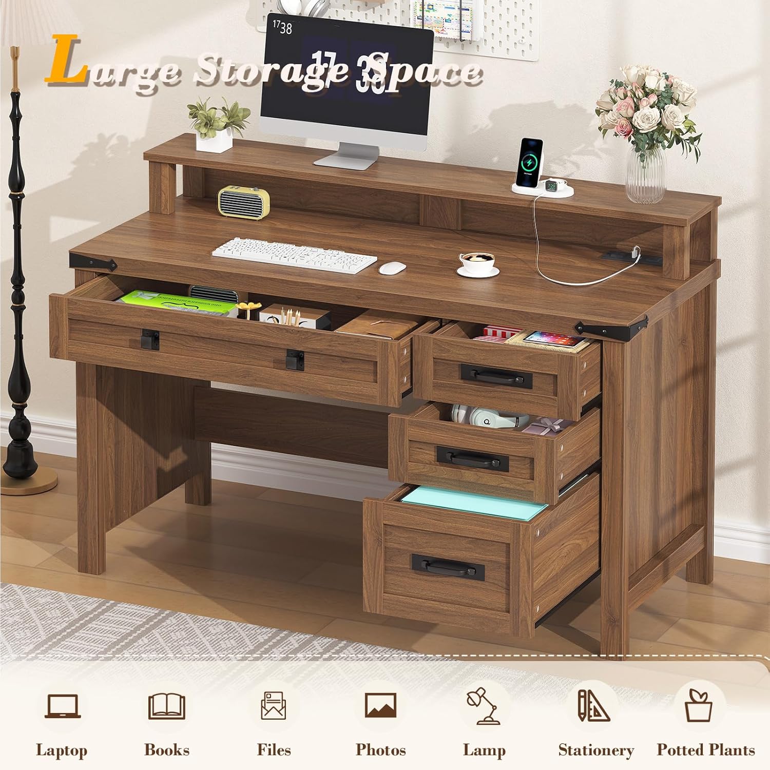 YOMILUVE Farmhouse Executive Desk with Drawers, 47' Computer Desk with Power Outlets, Home Office Desk with Monitor Stand & 4 Drawers, Small Desk Writing Study Table, Brown