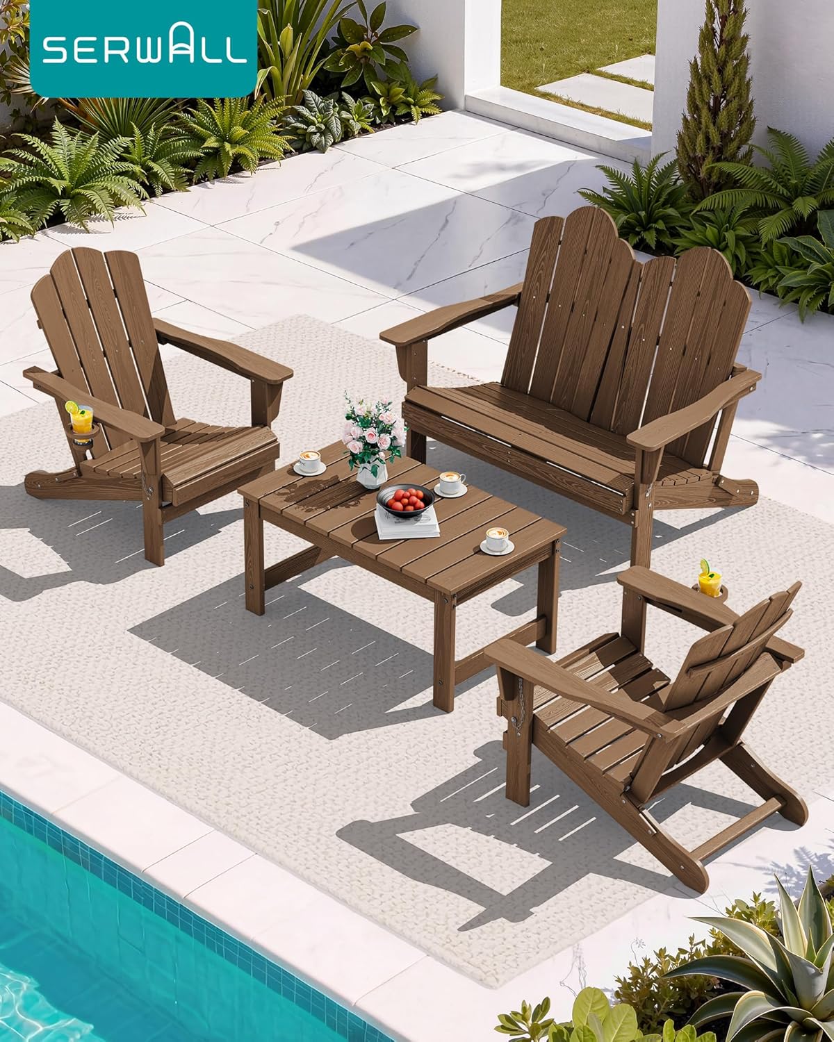 SERWALL 5 Pieces HDPE Patio Adirondack Chair Set, 2 Adirondack Chair with Cup Holder & 2 Adirondack Bench & 1 Coffee Table with Umbrella Hole, Brown