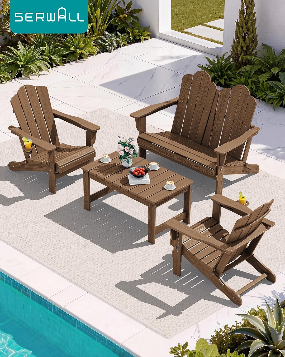 SERWALL 4 Pieces HDPE Patio Adirondack Chair Set, 2 Adirondack Chair with Cup Holder & 1 Adirondack Bench & 1 Coffee Table with Umbrella Hole, Brown
