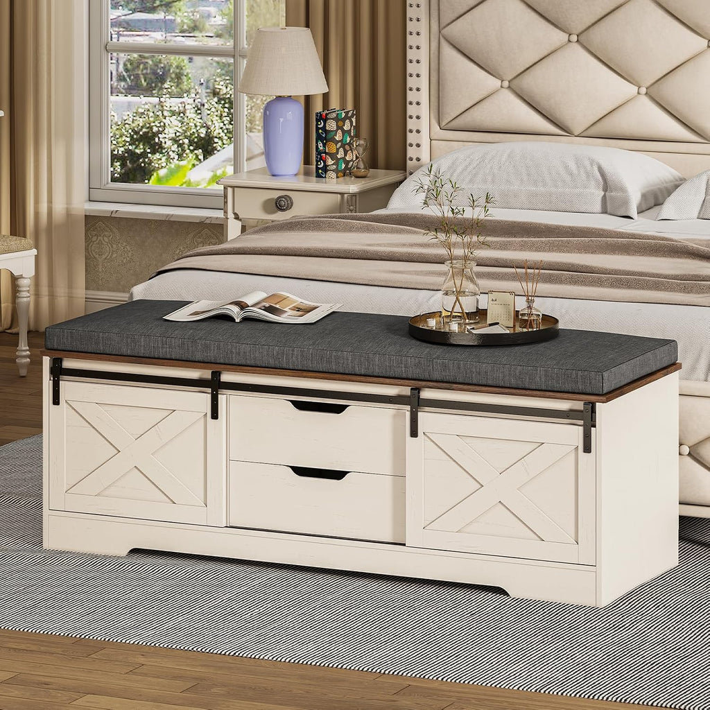 UPOSOJA 60' Farmhouse Storage Bench with Cushion, Shoe Rack with Slide Barn Doors, Adjustable Shelf and 2 Drawer for Entry, Bedroom, Closet, Living Room, Hallway (White Brown, 60 in)