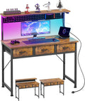 MUTUN Computer Desk with Drawers, 40 Inch Computer Desk with Power Outlet & LED Light, Gaming Desk with Adjustable Monitor Stand & Pegboard, Modern PC Study Writing Table for Bedroom, Rustic Brown