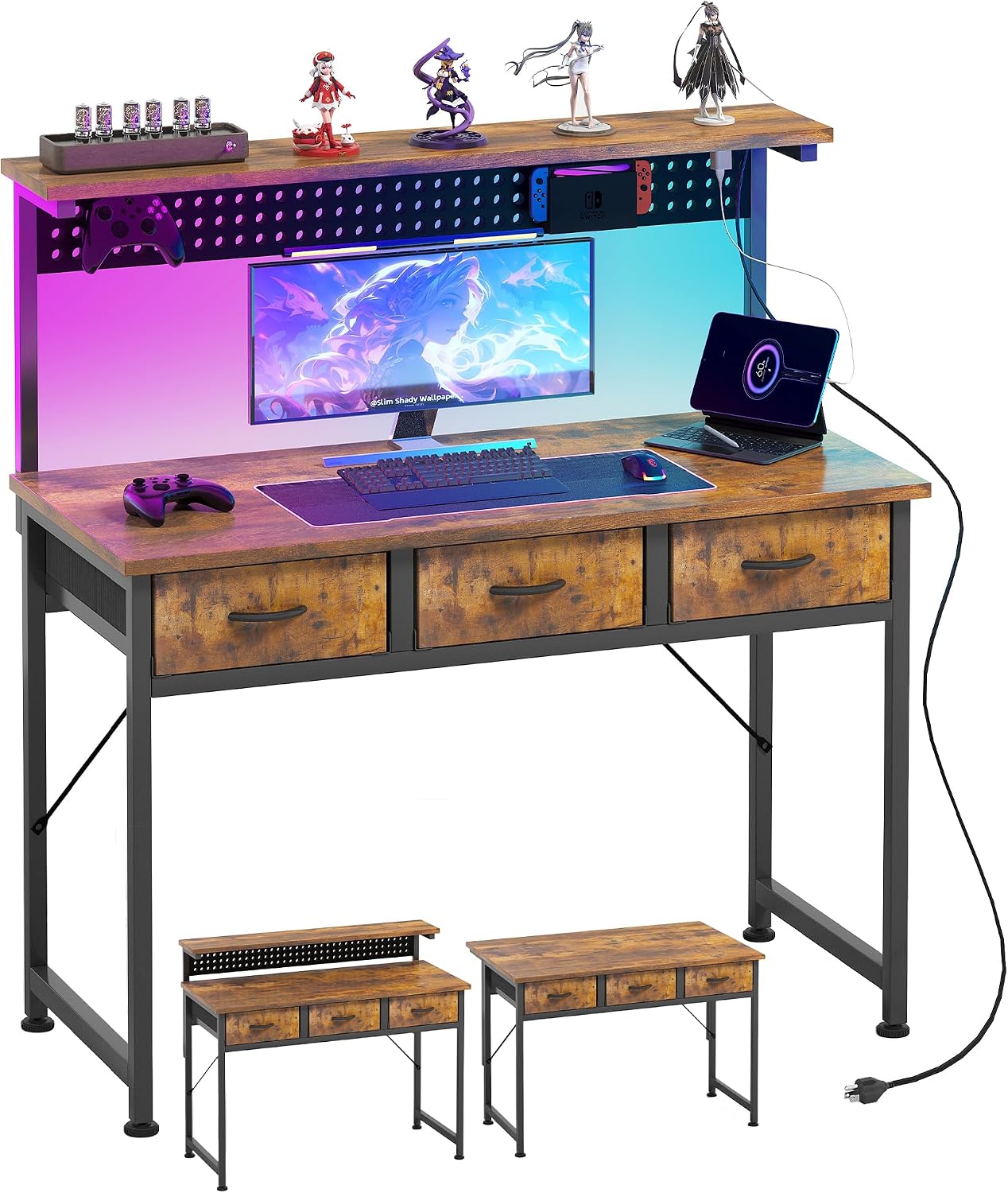 MUTUN Computer Desk with Drawers, 40 Inch Computer Desk with Power Outlet & LED Light, Gaming Desk with Adjustable Monitor Stand & Pegboard, Modern PC Study Writing Table for Bedroom, Rustic Brown