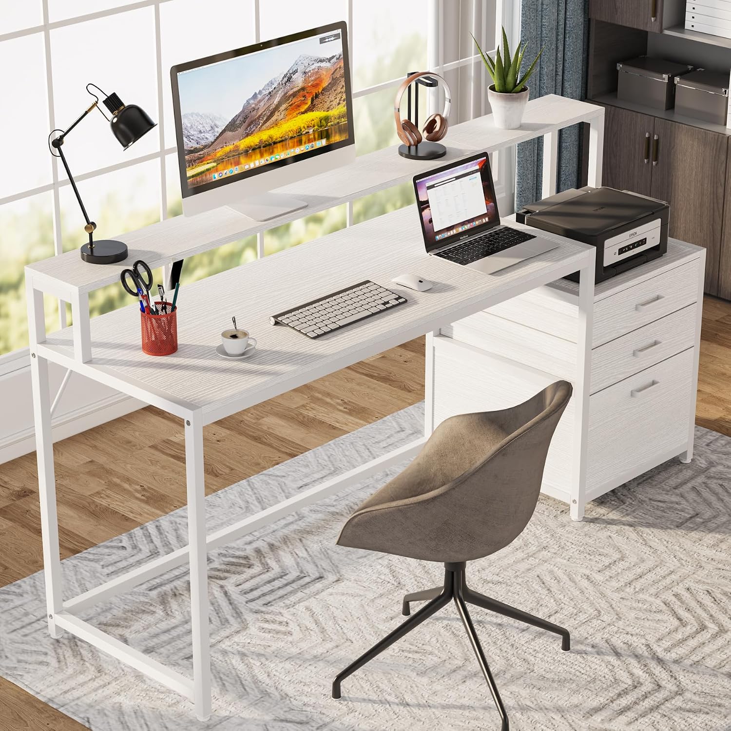 LITTLE TREE 63 Inch Computer Desk with File Drawer Cabinet, Home Office Desks with Ergonomic Monitor Stand