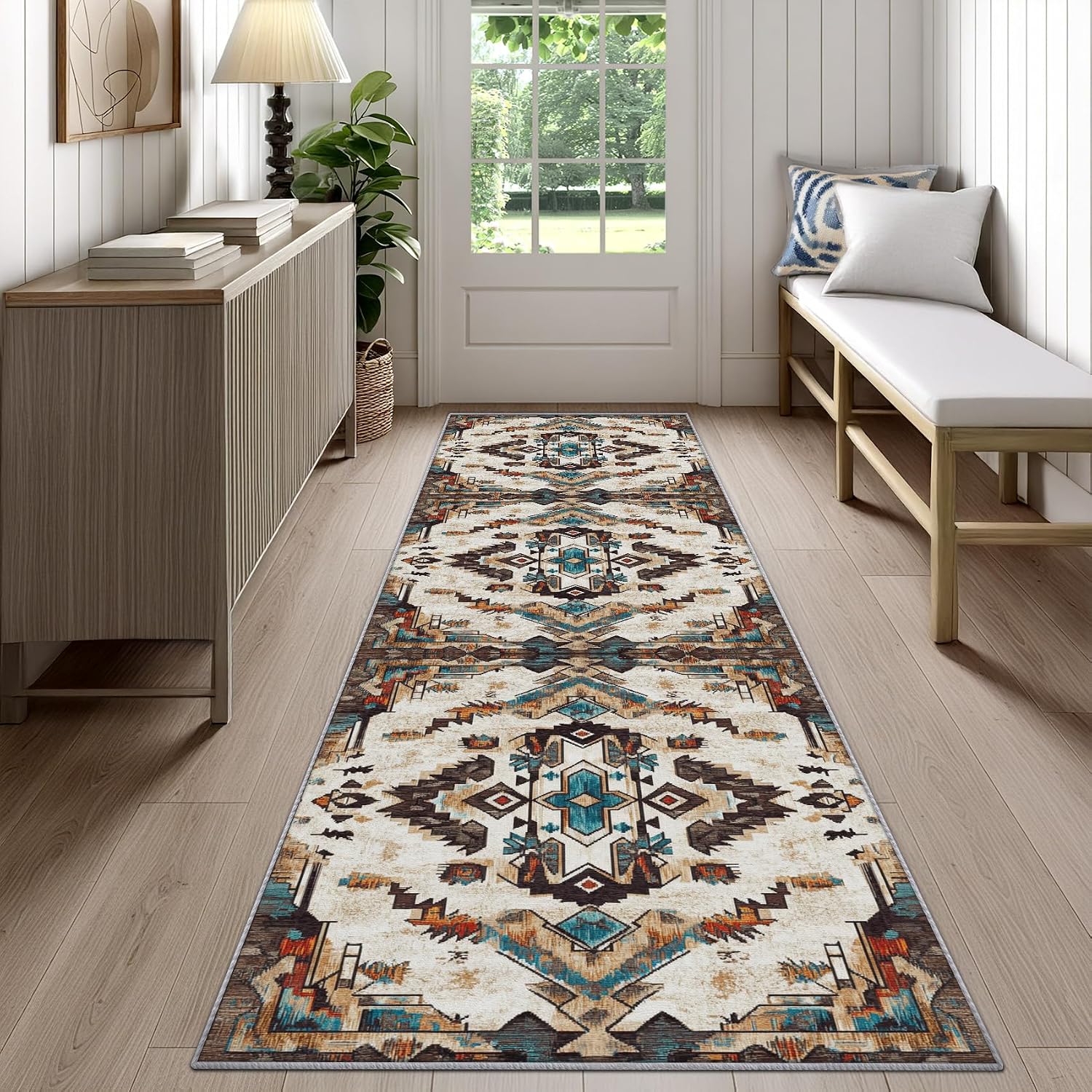 Southwest Rug Runner 4x12 - Washable Non Slip Runner Rug for Hallway - Aztec Tribal Native American Kitchen Rugs - Indian Navajo Carpet Runners for Hallway, Laundry Room, Bedroom, Bathroom
