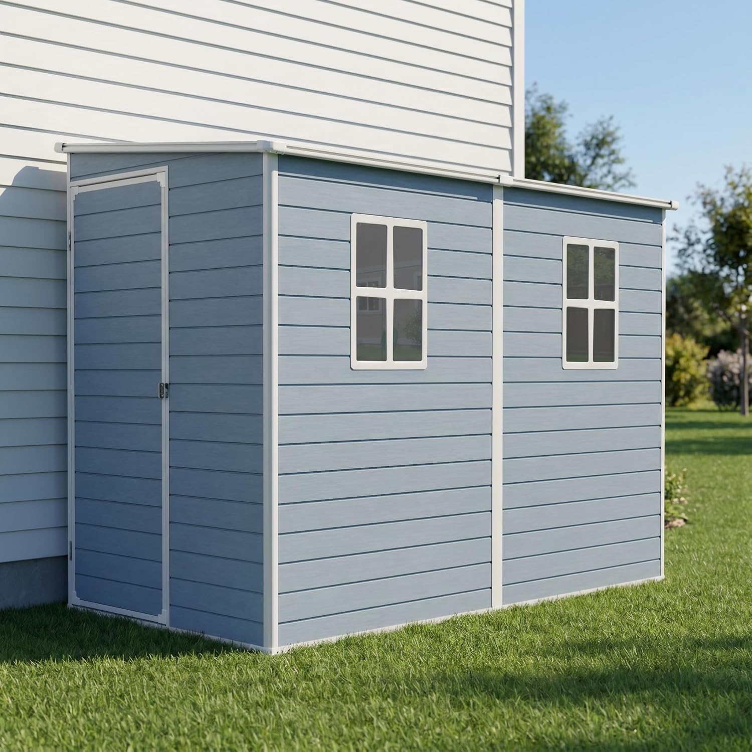 Storage Sheds with Floor, Resin Outdoor 4x8FT Lean to Shed with Two Windows, Lockable Doors for Garden Tools