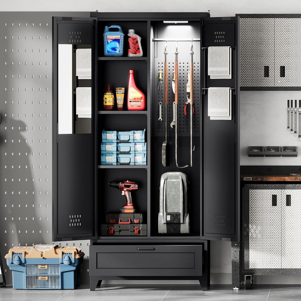 YITAHOME 71' Metal Garage Broom Cabinets with Adjustable Shelves, Vacuum Storage Cabinet with Doors and Drawer, Tool Storage Cabinet for Gym, Basement, Warehouse, Black, Metal