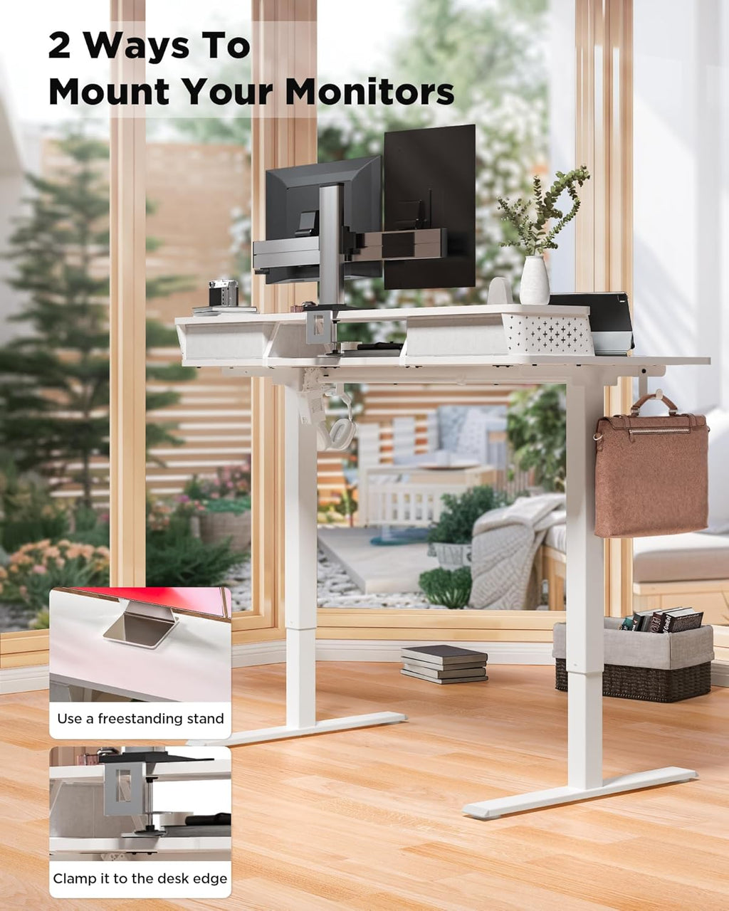 FiCiHi 48x24 Inch Standing Desk with Drawers, C-Clamp Mount Compatible, Electric Adjustable Height Computer Stand Up Desks, Home Office Sit Stand Table with 3 Preset Heights, White