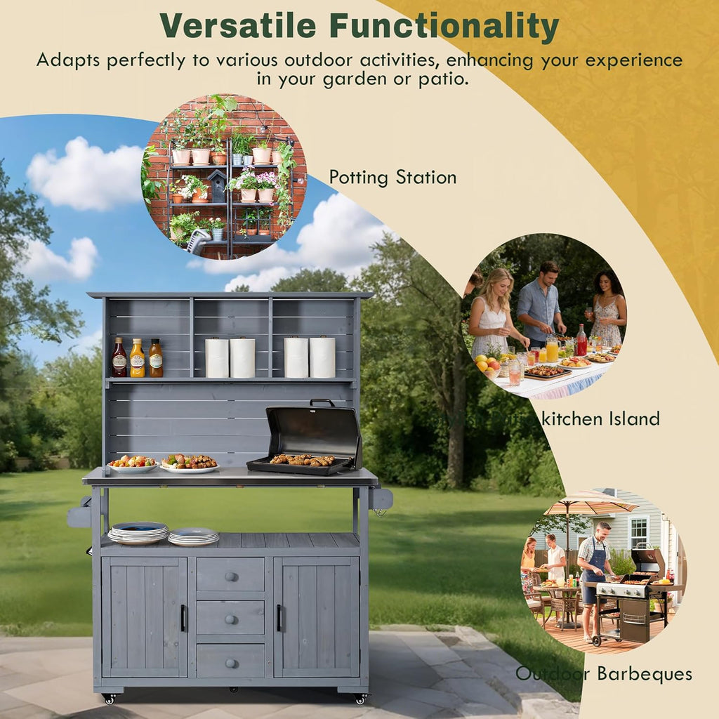 Versatile Garden Potting Bench with Stainless Steel Countertop, Outdoor Workstation for BBQ & Patio Cooking, Mobile Storage Cart Kitchen Island with Wheels (Gray/B)