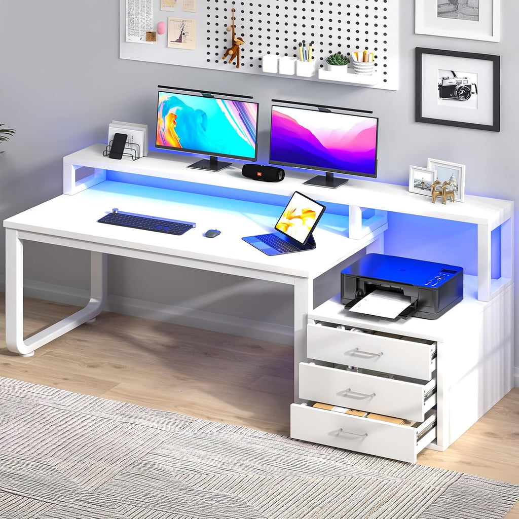 MaverickFurni 67' White Desk with Drawers, Reversible Computer Desk with Moniter Stand and LED Lights, Home Office Desk with Printer Shelf, White