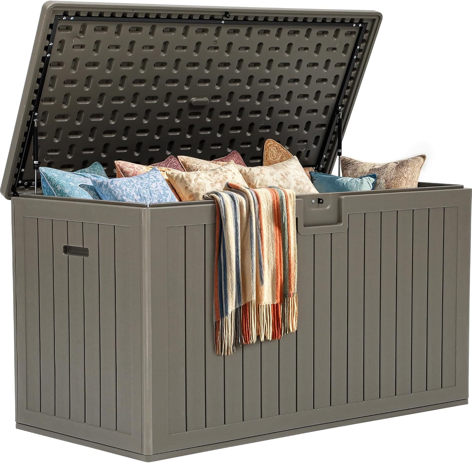 YITAHOME 220 Gallon Extra Large Deck Box, Double-Wall Resin Outdoor Storage Box with Flexible Divider for Patio Cushions Pool Supplies Garden Tools, 990 lbs Load Capacity, Lockable (Light Brown)