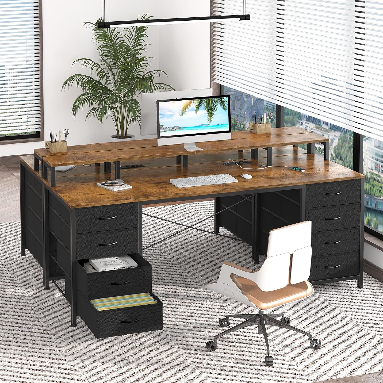 YOMILUVE 60 Inch Computer Desk with 8 Fabric Drawers, Gaming Desk with LED Lights & Power Outlets, Home Office Desk with Monitor Stand, Rustic Brown