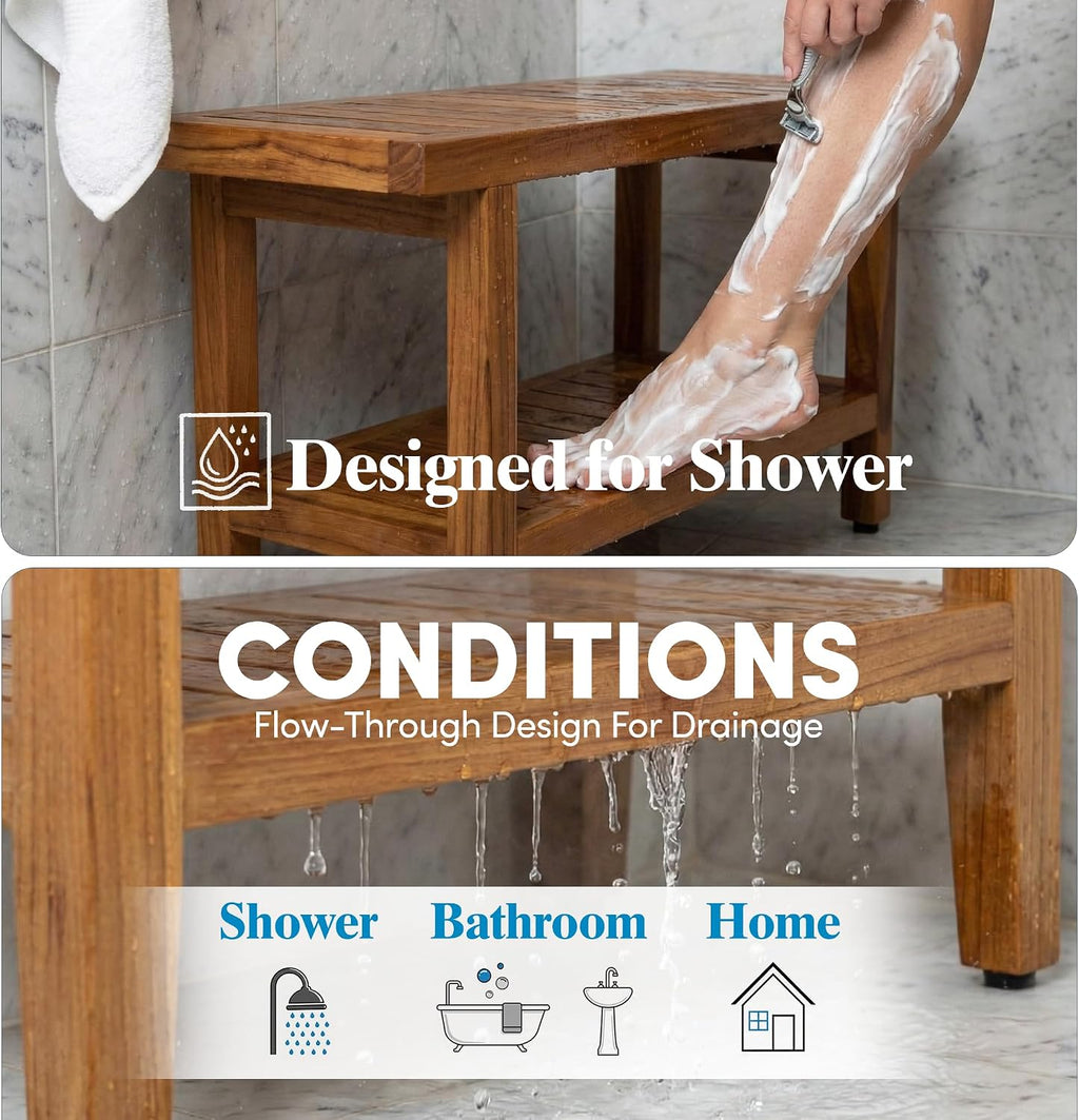 AquaTeak The Original 36' Spa Teak Shower Bench - Shower Stool with Storage Shelf for Bathroom - Durable Water Resistant Shower Chair - Shaving Foot Rest - Indoor & Outdoor Use