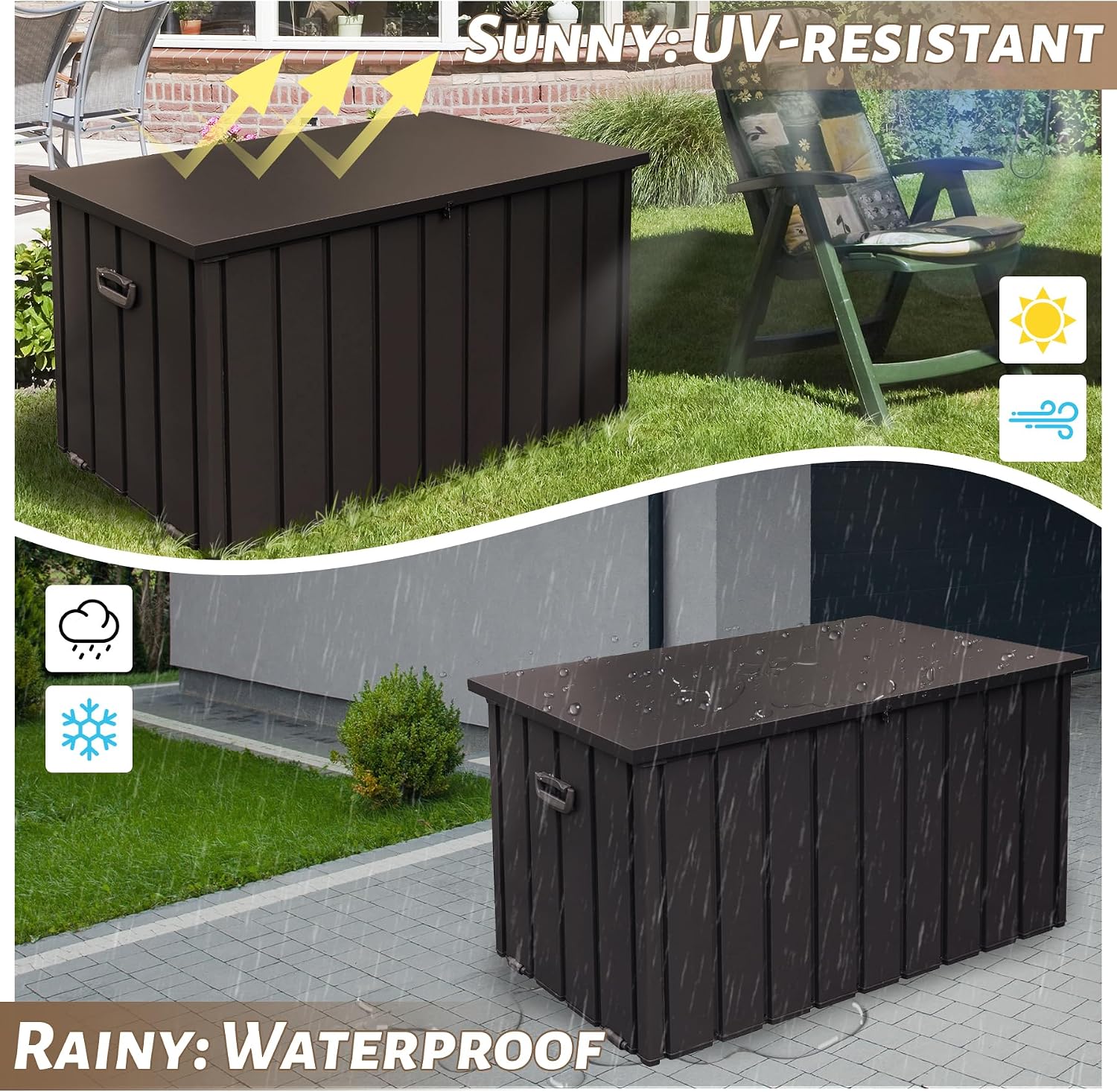 100 Gallon Metal Outdoor Storage Box, Deck Box Waterproof, Outside Steel Storage Lockable Cabinet, Indoor Storage Bin Container for Patio/Poolside/Backyard Cushions, Pillow -Brown