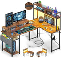 Besiost Small L Shaped Gaming Desk with Power Outlets, 48' Reversible L Shaped LED Computer Desk with Monitor Stand & Storage Shelf, Corner Gamer Desk Home Office Desk with Storage Bag, Rustic Brown