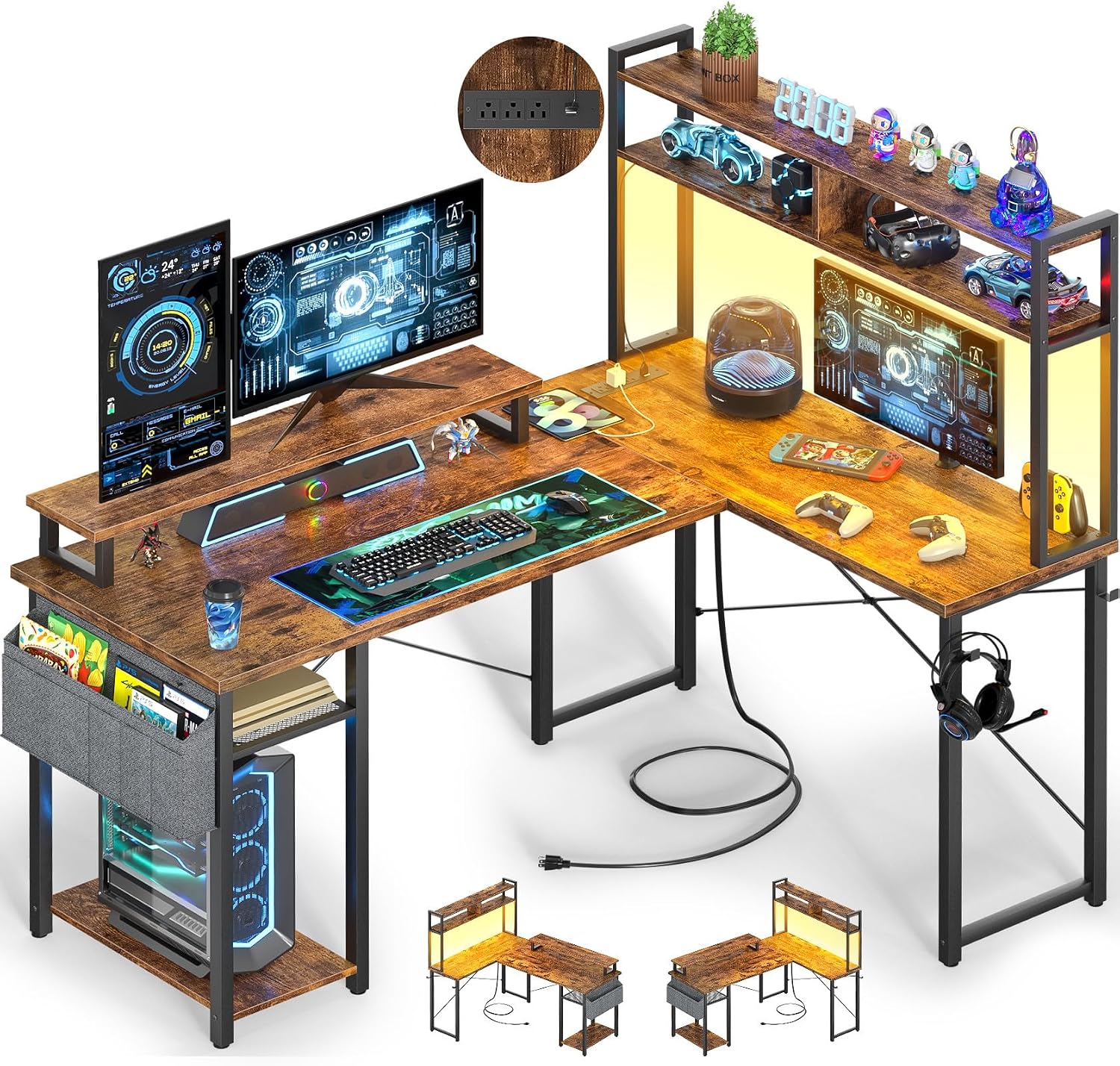 Besiost Small L Shaped Gaming Desk with Power Outlets, 48' Reversible L Shaped LED Computer Desk with Monitor Stand & Storage Shelf, Corner Gamer Desk Home Office Desk with Storage Bag, Rustic Brown