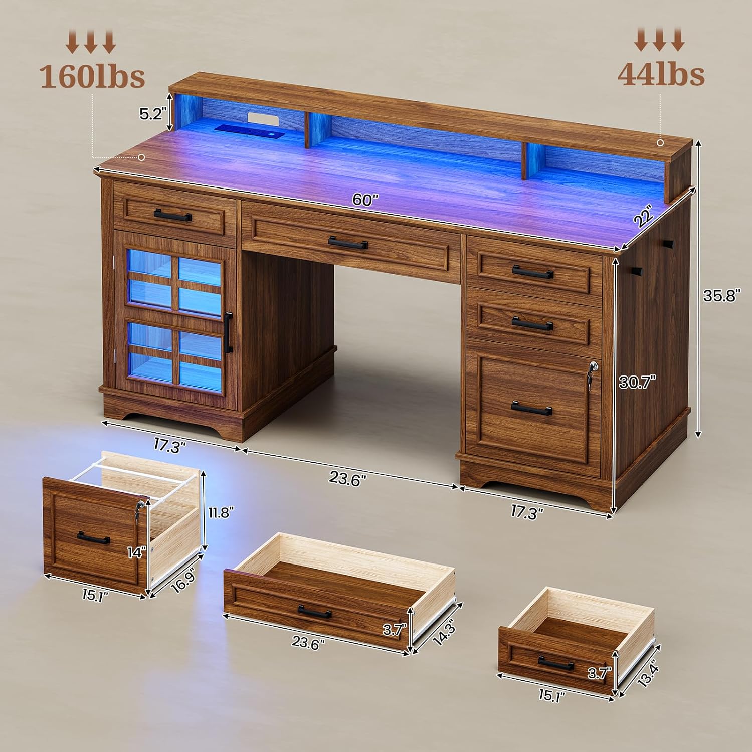 UPOSOJA 60'' Farmhouse Executive Desk with Drawers, Home Office Desk with Power Outlet & LED Light, Wood Computer Desk with Monitor Stand, Locking File Drawer, Glass Storage Cabinet, Hooks
