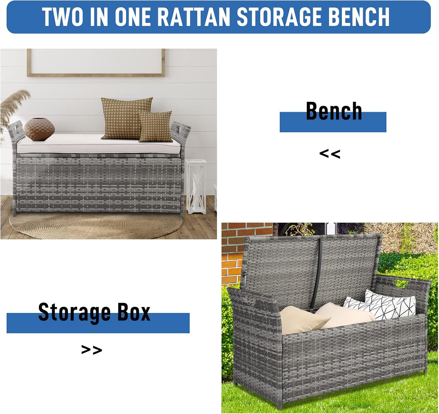 Outvita 40 Gallon Outdoor Storage Box, Patio Rattan Storage Bench with Cushion for Backyard, Balcony, Poolside, Garden, Gray