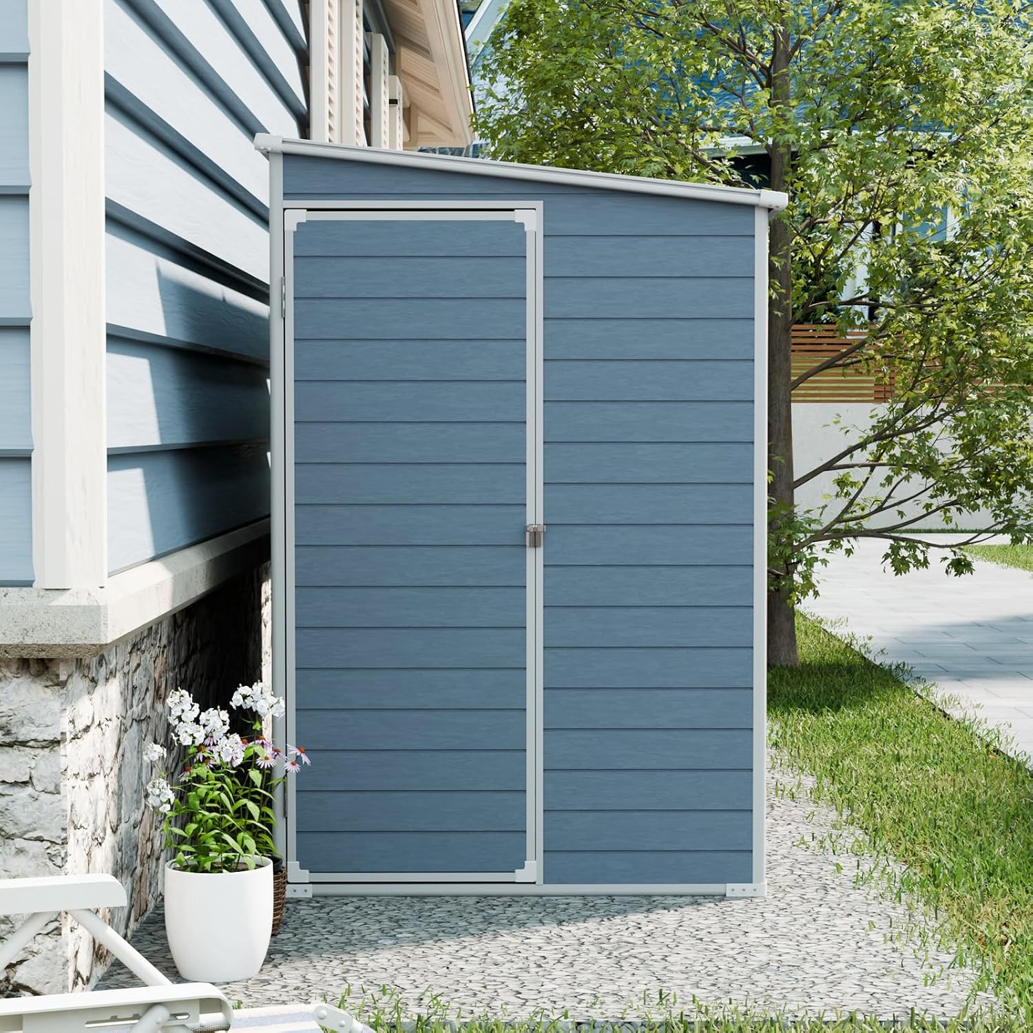 Storage Sheds with Floor, Resin Outdoor 4x8FT Lean to Shed with Two Windows, Lockable Doors for Garden Tools