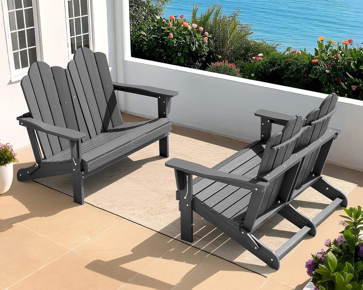 SERWALL Folding Adirondack Bench, HDPE All-Weather Adirondack Loveseat Set of 2, Grey