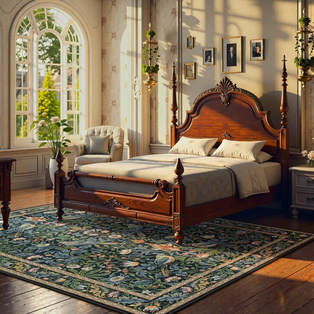 Morebes Boho Living Room Rug 8x10, Washable Kids Playroom Area Rug Non Slip, Soft Large Botanical Flower Indoor Floor Throw Carpet for Bedroom Nursery Dining Room, Navy Blue
