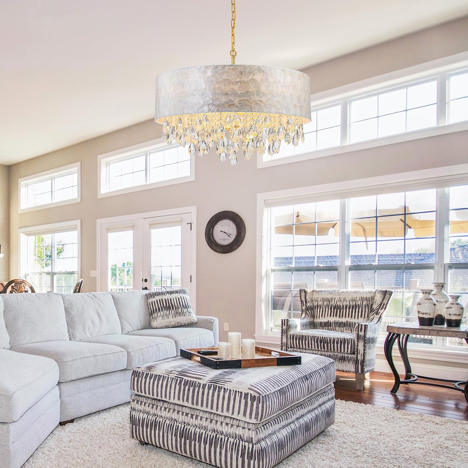 LumFurn 8-Light Drum Capiz Shell Crystal Chandeliers, Coastal Style Pendant Light Fixture for Dining Room, Living Room, D24 x H23~71 inch(Adjustable), Shell Lampshade & Gold Finish