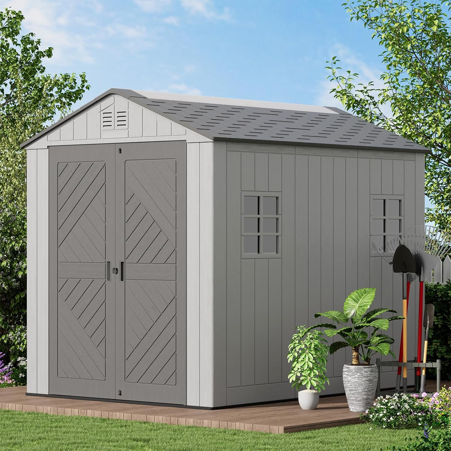 KINYING 6x9 FT Outdoor Storage Shed with Floor,Resin Outdoor Garden Tool Shed with Windows,Lockable Weather Resistant Large Plastic Shed for Bike Storage,Lawn Mower,Pool Supplies
