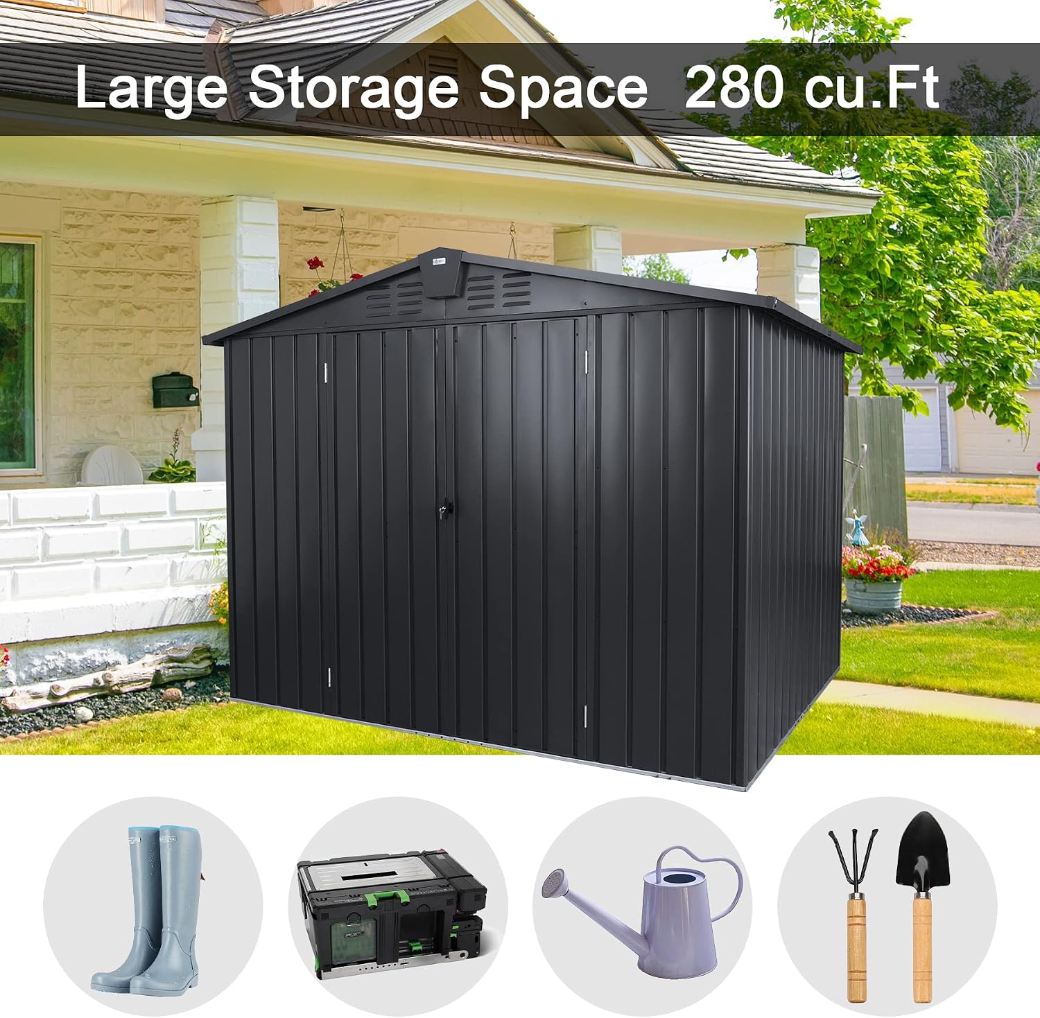 Domi Outdoor Storage Shed 8.2'x 6.2', Metal Garden Shed for Bike, Trash Can, Tools, Lawn Mowers, Pool Toys, Galvanized Steel Outdoor Storage Cabinet with Lockable Door for Backyard, Patio, Lawn