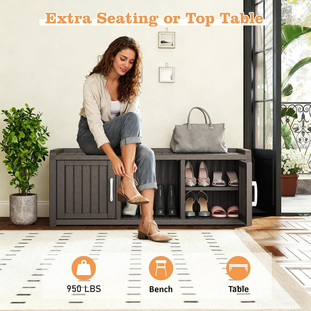 NUNU LAB Resin Shoe Cabinet,Waterproof Shoe Storage Cabinet with Adjustable Shelves,Entryway Storage Bench with Seat,Shoe Bench with Doors for Foyer,Hallway,Living Room (Grey, 2-Door Big)