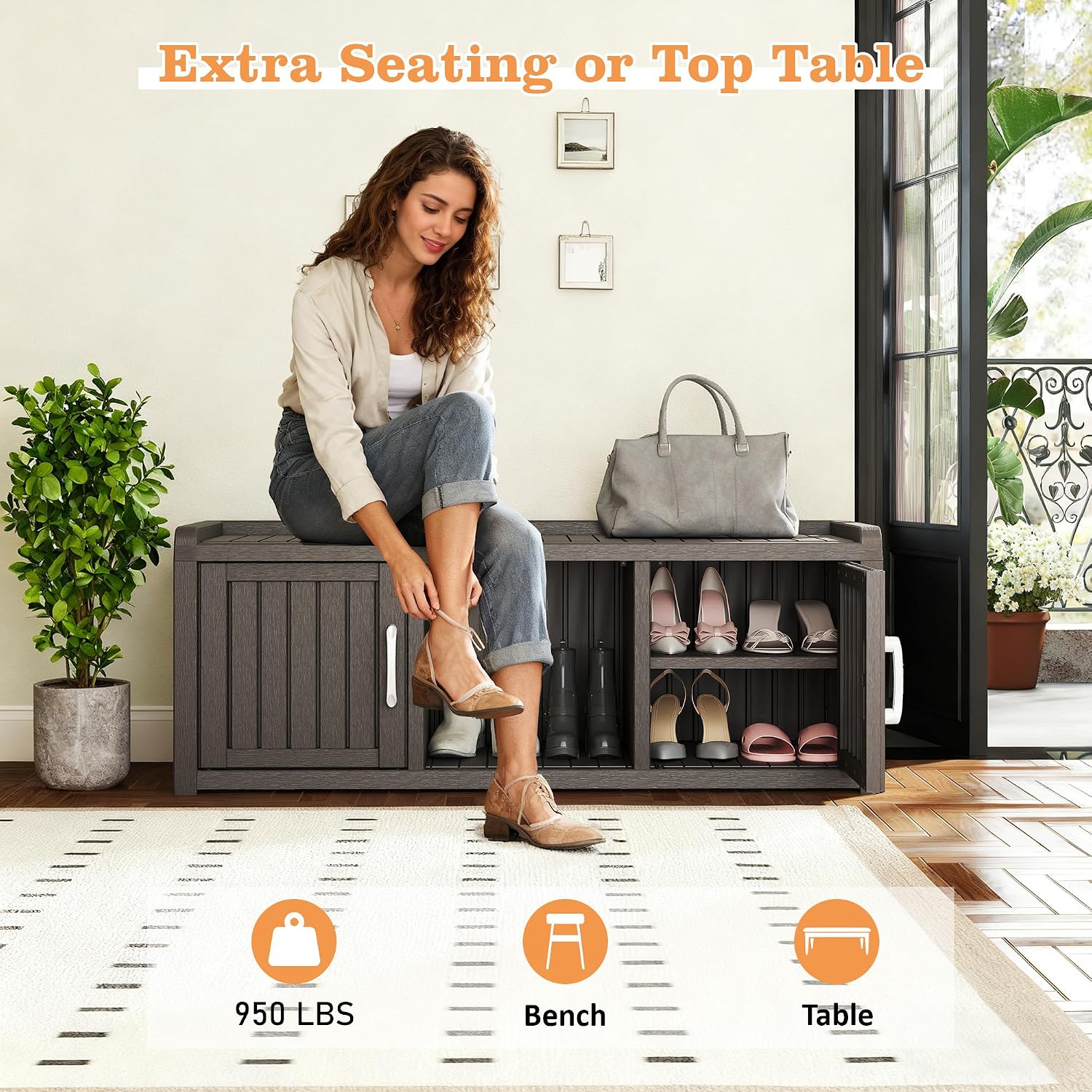 NUNU LAB Resin Shoe Cabinet,Waterproof Shoe Storage Cabinet with Adjustable Shelves,Entryway Storage Bench with Seat,Shoe Bench with Doors for Foyer,Hallway,Living Room (Grey, 2-Door Big)