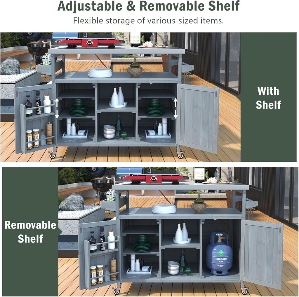 Ball & Cast Outdoor Kitchen Island,Rolling Bar Cart & Storage Cabinet,Farmhouse Solid Wood Outdoor Grill Table with Stainless Steel Top,Spice and Towel Rack,for Kitchen,Barbecue,Grey+Blue,50.25'