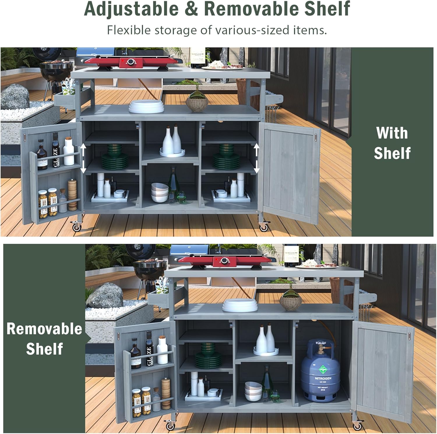 Ball & Cast Outdoor Kitchen Island,Rolling Bar Cart & Storage Cabinet,Farmhouse Solid Wood Outdoor Grill Table with Stainless Steel Top,Spice and Towel Rack,for Kitchen,Barbecue,Grey+Blue,50.25'