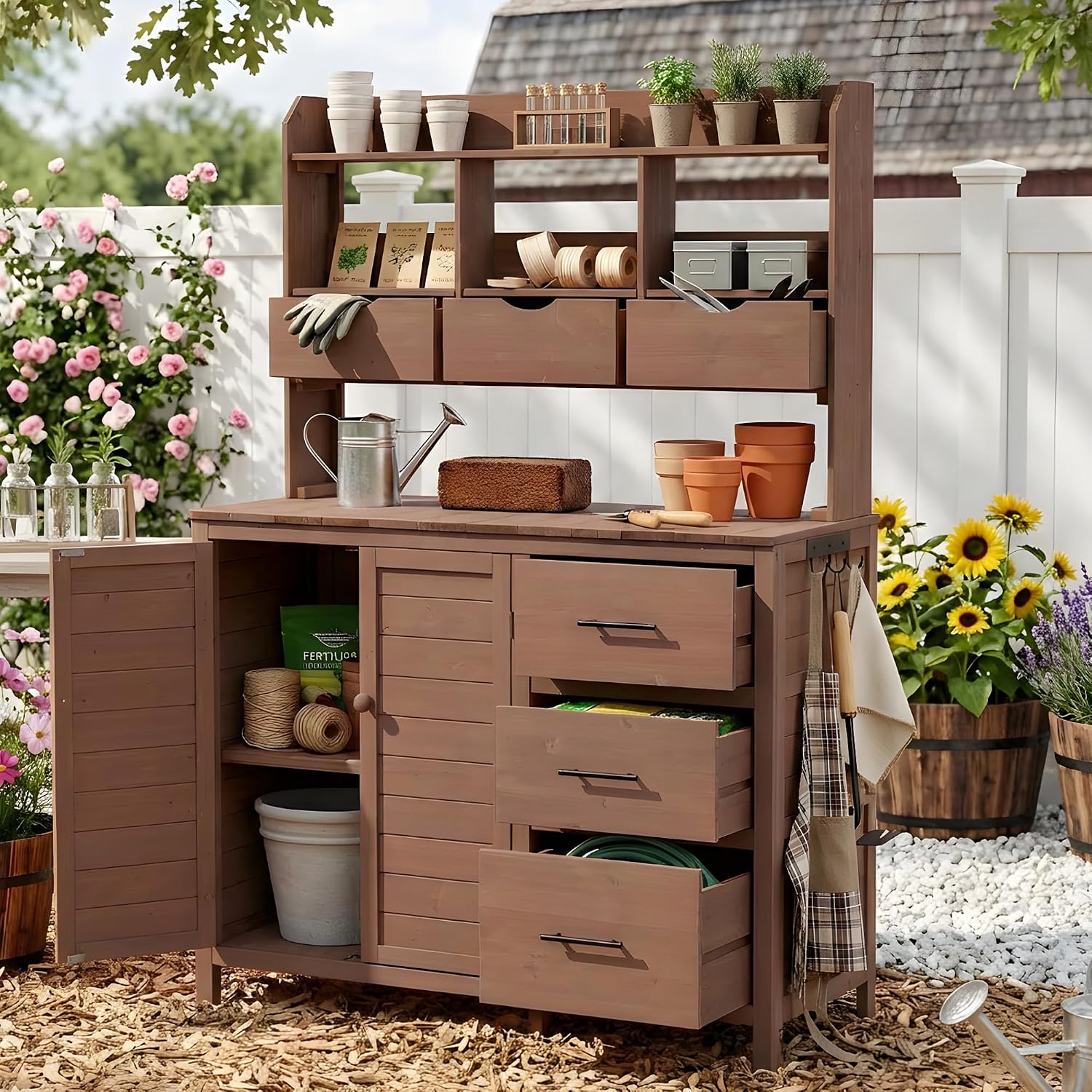 65' H Large Patio Potting Bench, Farmhouse Garden Workstation with 6 Drawers, Bottom Cabinet and Side Hook, Adjustable Shelf, Fir Wood Frame Outdoor Kitchen Island (Brown/101)