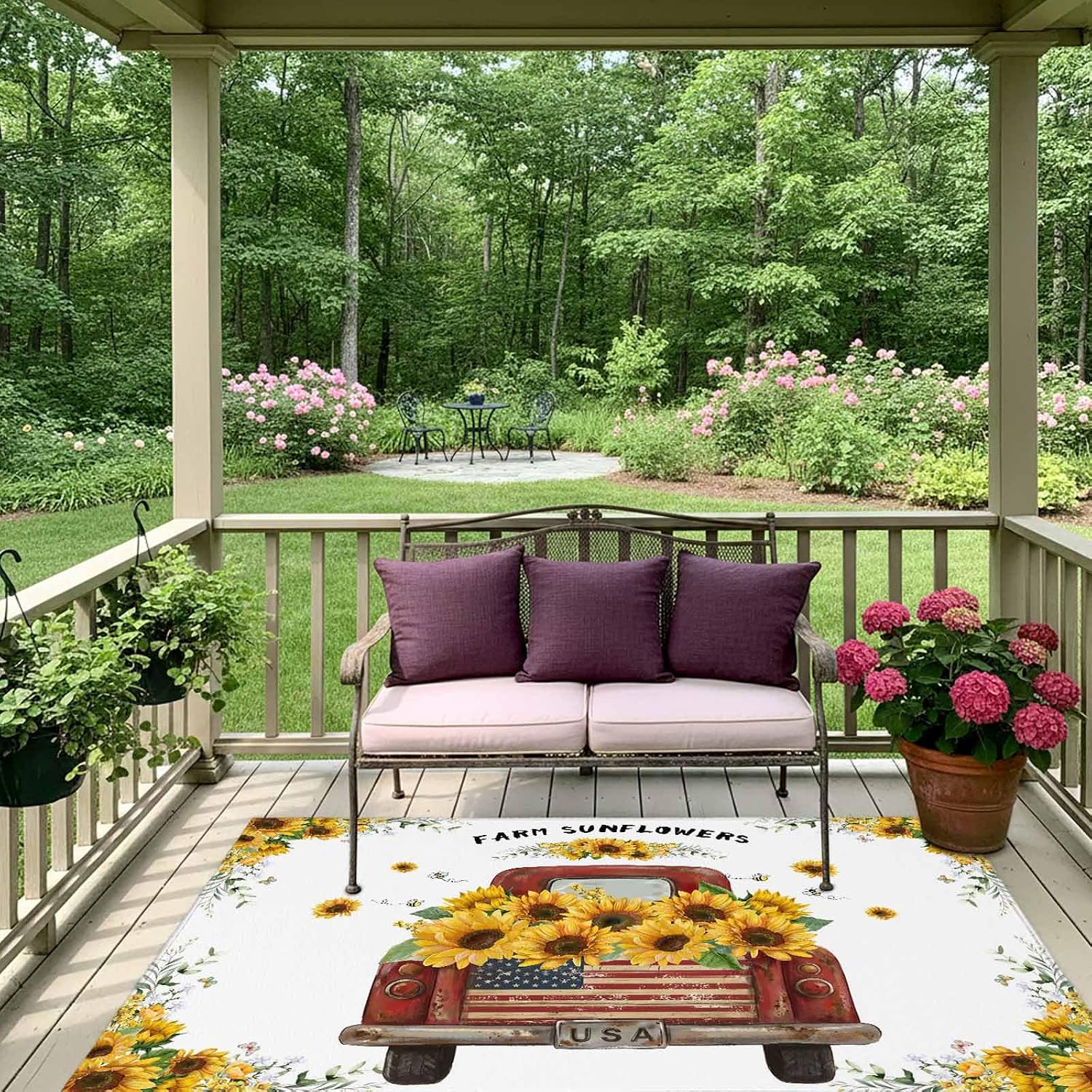 Sunflower Truck Outdoor Rug for Patio/Deck/Porch, Non-Slip Large Area Rug 5 x 8 Ft, Yellow Flowers Summer Botanical Watercolor Indoor Outdoor Rugs Washable Area Rugs, Camping Rug Carpet Runner