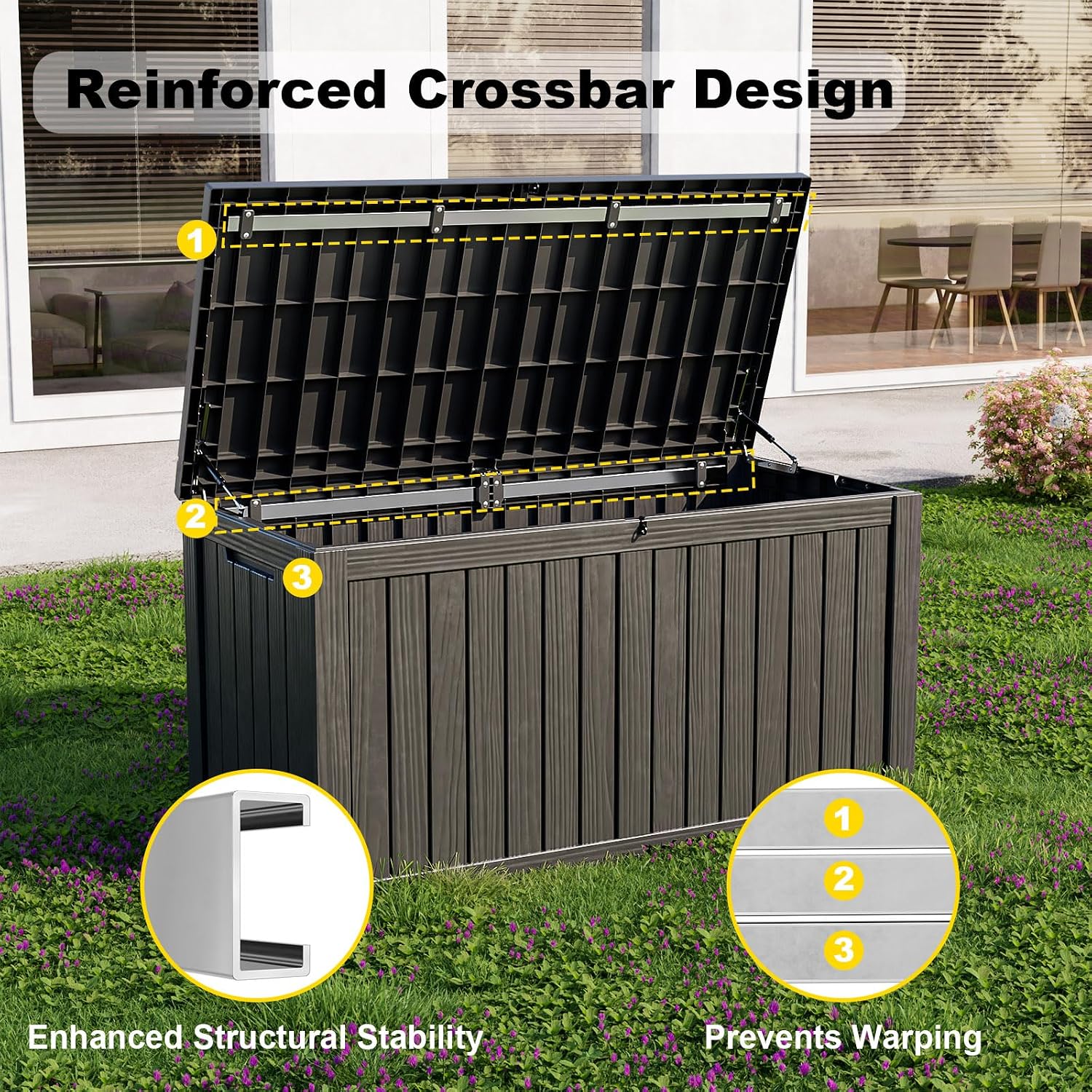 ROJIK 180 Gallon Outdoor Storage Box Waterproof-Patio Furniture Resin Deck Box, Garden Tools, Cushions, Pool Accessories Storage Bench with Lockable Lid and Side Handles (Black, 180 Gal)