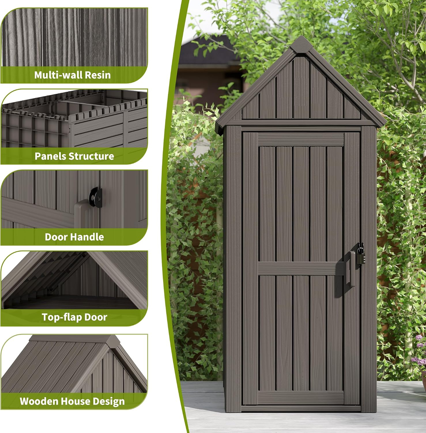 Outdoor Storage Shed – Sturdy Resin with Sloping Roof and Lockable Door, Waterproof Storage Cabinet with Ample Space, Multiple Hooks for Backyard, Garden, Patio & Lawn, Grey