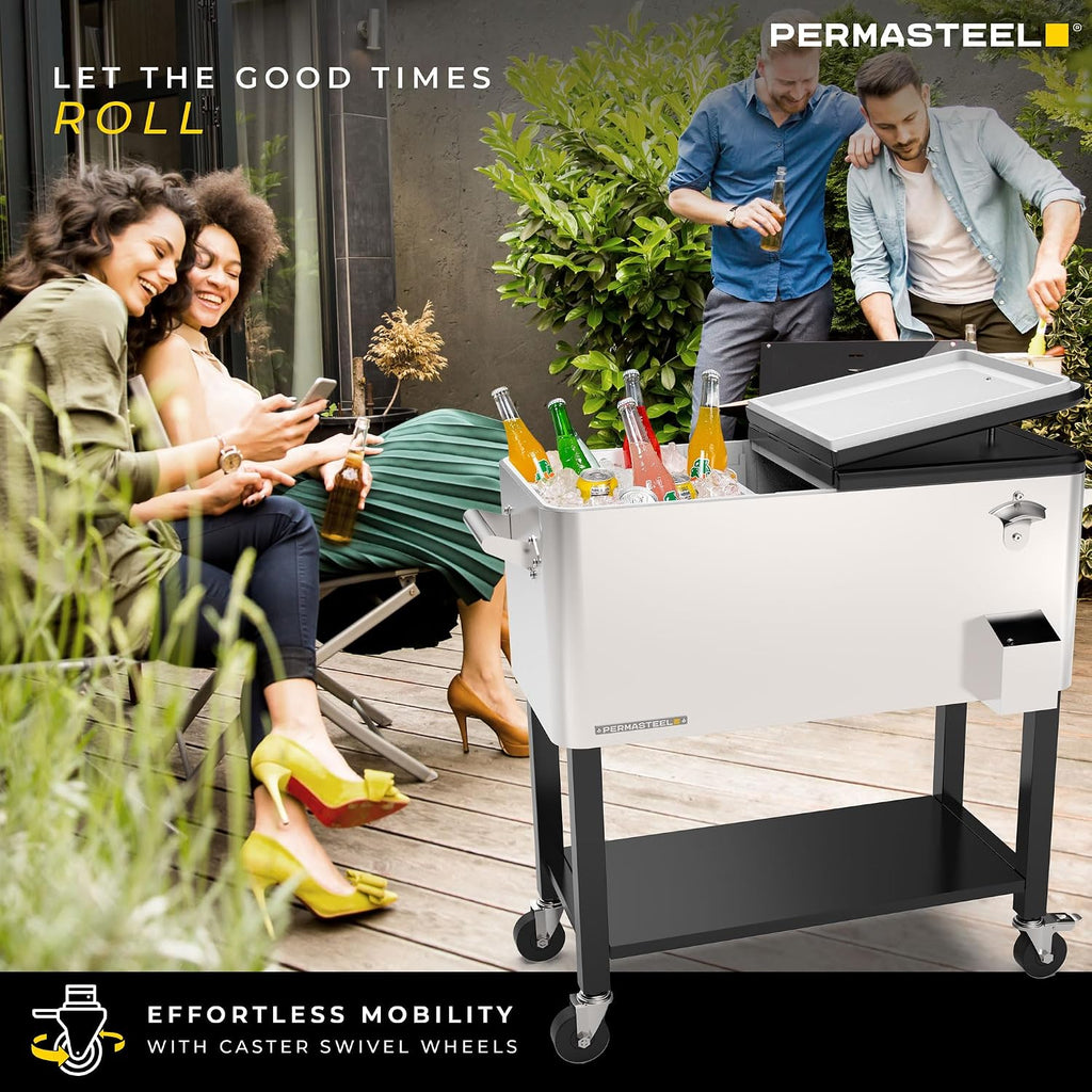 Permasteel Party Cooler with Divider, Removable Basin, Spacious 80-Qt Capacity, Chills 36hrs, Serving Tray, Rolling Ice Chest for Indoor & Outdoor