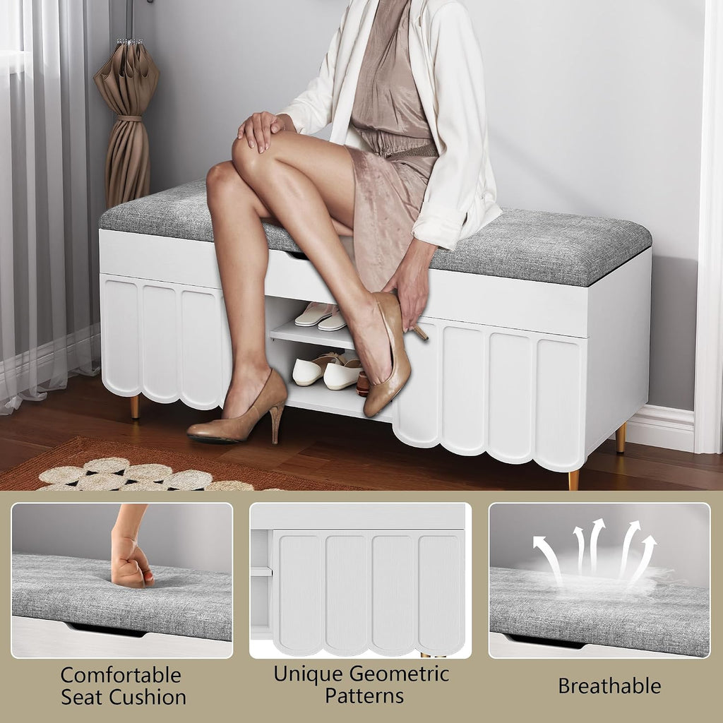 3More 40' Entryway Shoe Storage Bench,Upholstered Hidden Space Beneath Seat Cushion Bench,2-Tier Unique Geometric Shape with Wood Grain,White