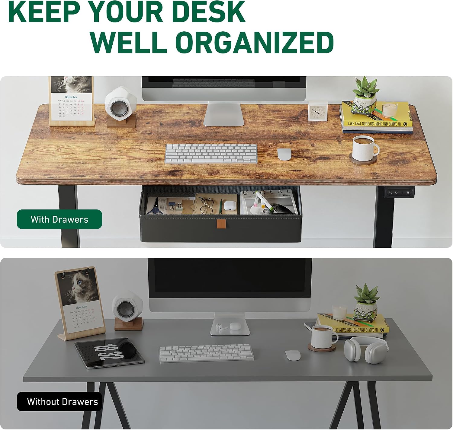 FEZIBO 48 x 24 Inch Standing Desk with Drawer, Sit Stand Computer Desk, Ergonomic Workstation, Home Office Stand Up Table with Storage &2 Hooks, Rustic Brown